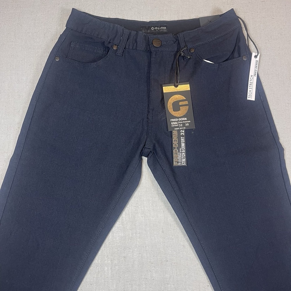 NWT‎ Fried Denim Pants Mens Skinny Navy Blue Plaid 32x30 Stretch